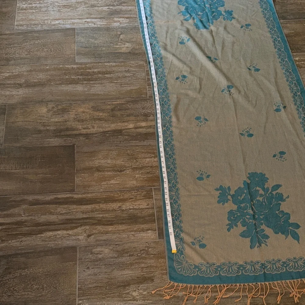 Cashmere Teal and Gold Floral Scarf with Fringe